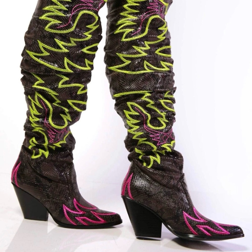 Fashion Nova Black and Pink Cowboy Heeled Boots